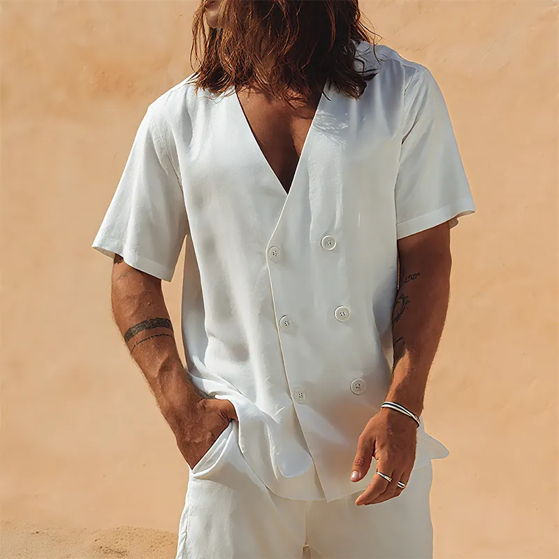 Men's Spring And Summer Fashion Casual Chiffon V-neck Double-breasted Short-sleeved Shirt MTA0758G3K sold by Manly product image thumbnail 4