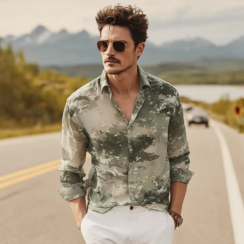 Men's Spring And Summer Fashion Casual Chiffon Slightly Transparent Sexy Art Print Long-sleeved Shirt MTA0787G4K sold by Manly product image thumbnail 3