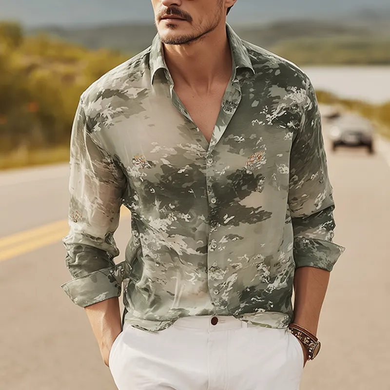 Men's Spring And Summer Fashion Casual Chiffon Slightly Transparent Sexy Art Print Long-sleeved Shirt MTA0787G4K sold by Manly product image thumbnail 2