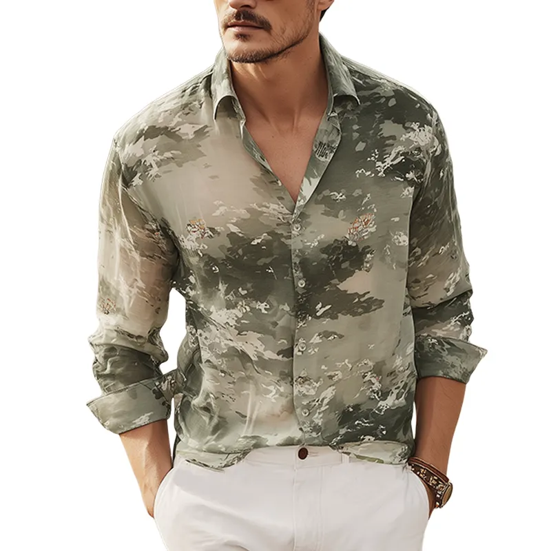 Men's Spring And Summer Fashion Casual Chiffon Slightly Transparent Sexy Art Print Long-sleeved Shirt MTA0787G4K sold by Manly