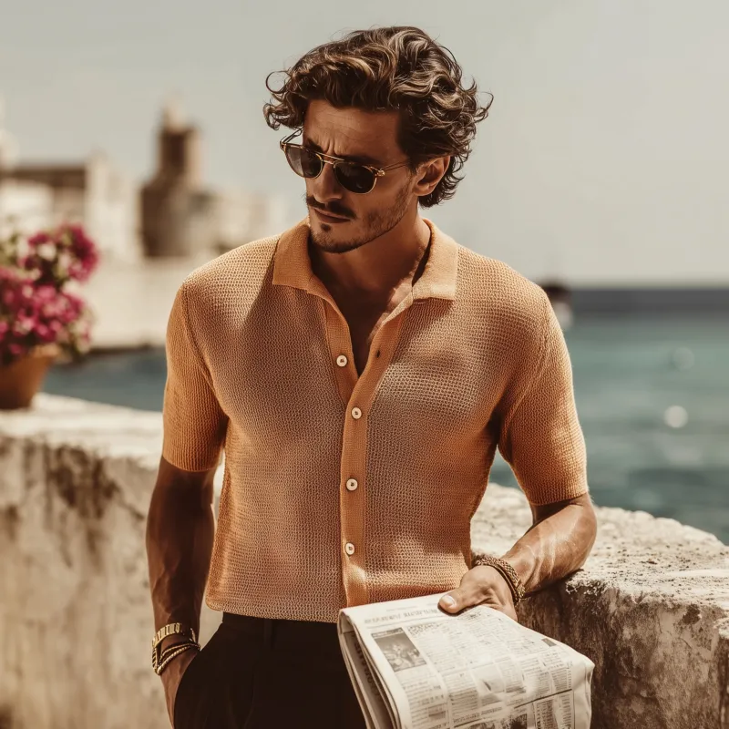 Men's Casual Solid Color Lapel Single-breasted Slim Fit Knitted Short-sleeved Shirt MTA0756G3M sold by Manly product image thumbnail 3