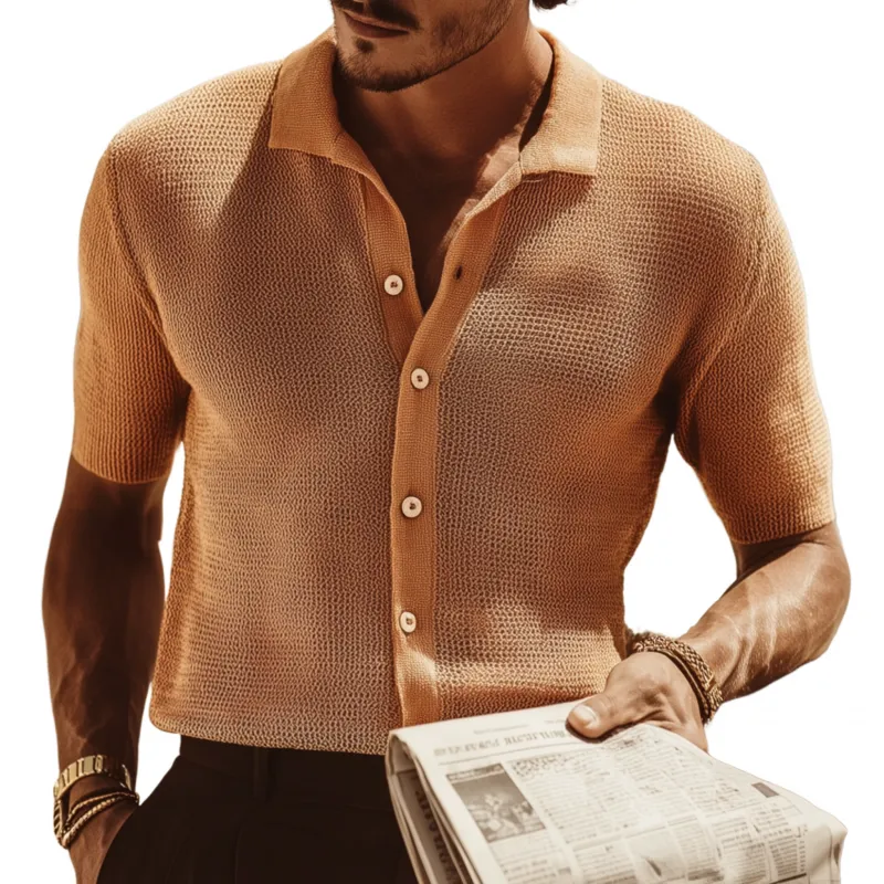 Men's Casual Solid Color Lapel Single-breasted Slim Fit Knitted Short-sleeved Shirt MTA0756G3M sold by Manly