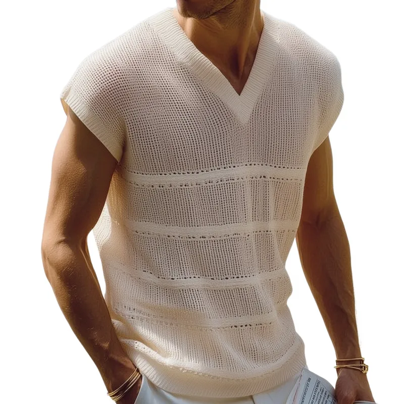 Men's Casual V-neck Slim Fit Solid Color Hollow Knitted Vest MTA0729G7M sold by Manly