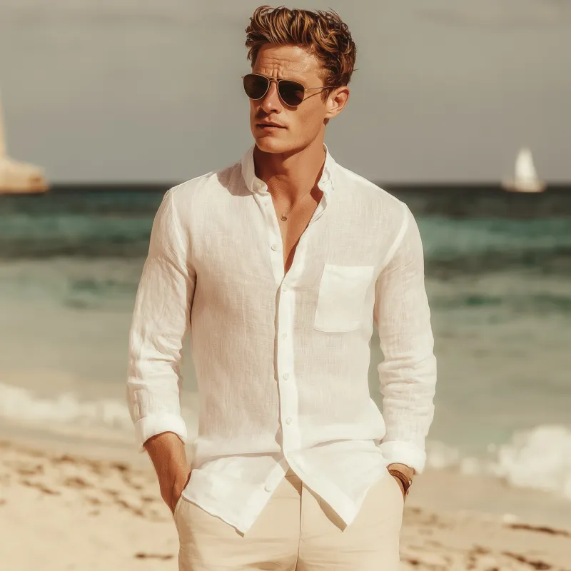 Men's Fashion Solid Color Breathable Linen Lapel Patch Pocket Slim Fit Long Sleeve Shirt MTA0455G7M sold by Manly product image thumbnail 3