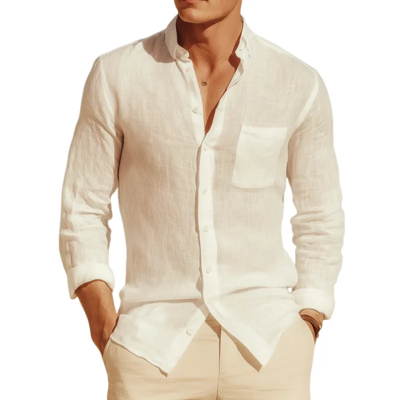 Men's Fashion Solid Color Breathable Linen Lapel Patch Pocket Slim Fit Long Sleeve Shirt MTA0455G7M sold by Manly