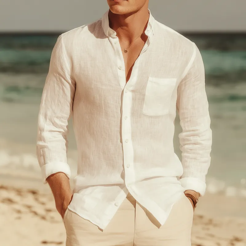 Men's Fashion Solid Color Breathable Linen Lapel Patch Pocket Slim Fit Long Sleeve Shirt MTA0455G7M sold by Manly product image thumbnail 2