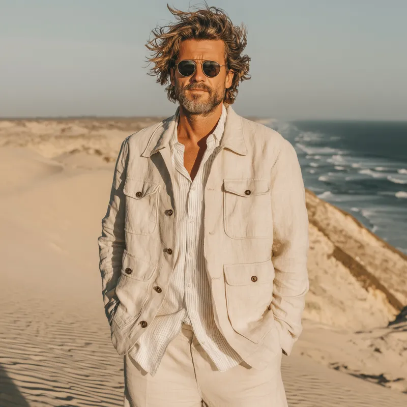 Men's Stylish Solid Color Breathable Linen Lapel Single Breasted Loose Safari Jacket MTA0427G5M sold by Manly product image thumbnail 3