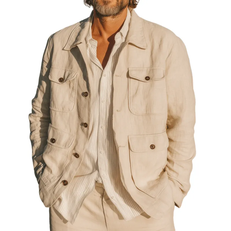 Men's Stylish Solid Color Breathable Linen Lapel Single Breasted Loose Safari Jacket MTA0427G5M sold by Manly