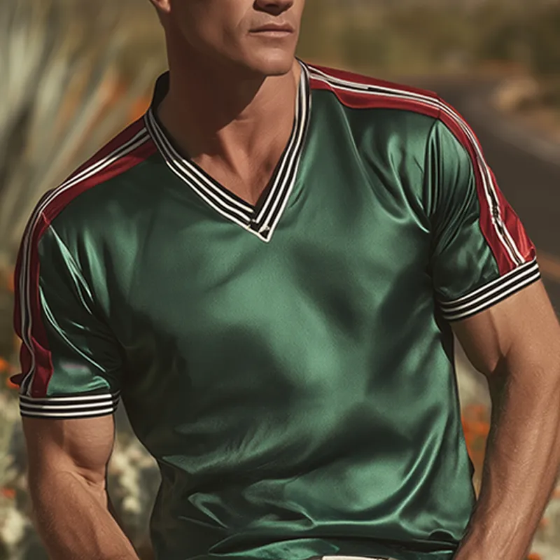 Men's Spring And Summer Fashion Casual Satin Contrast Color Splicing Ribbon V-neck Short Sleeve T-shirt MTA0746G7K sold by Manly product image thumbnail 4