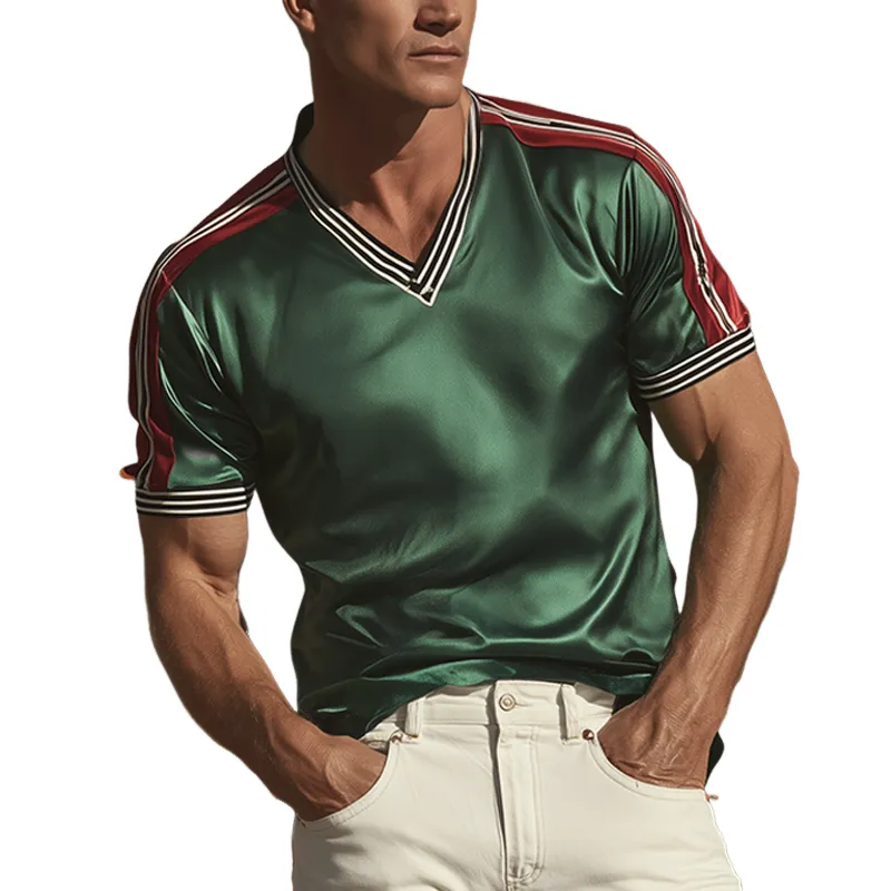 Men's Spring And Summer Fashion Casual Satin Contrast Color Splicing Ribbon V-neck Short Sleeve T-shirt MTA0746G7K sold by Manly