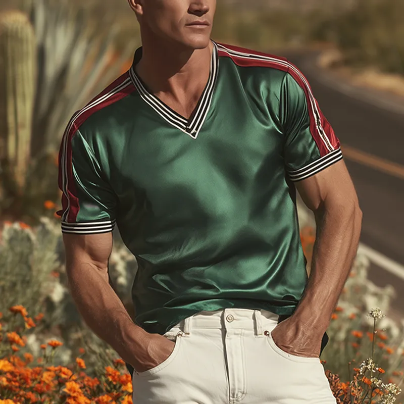 Men's Spring And Summer Fashion Casual Satin Contrast Color Splicing Ribbon V-neck Short Sleeve T-shirt MTA0746G7K sold by Manly product image thumbnail 2