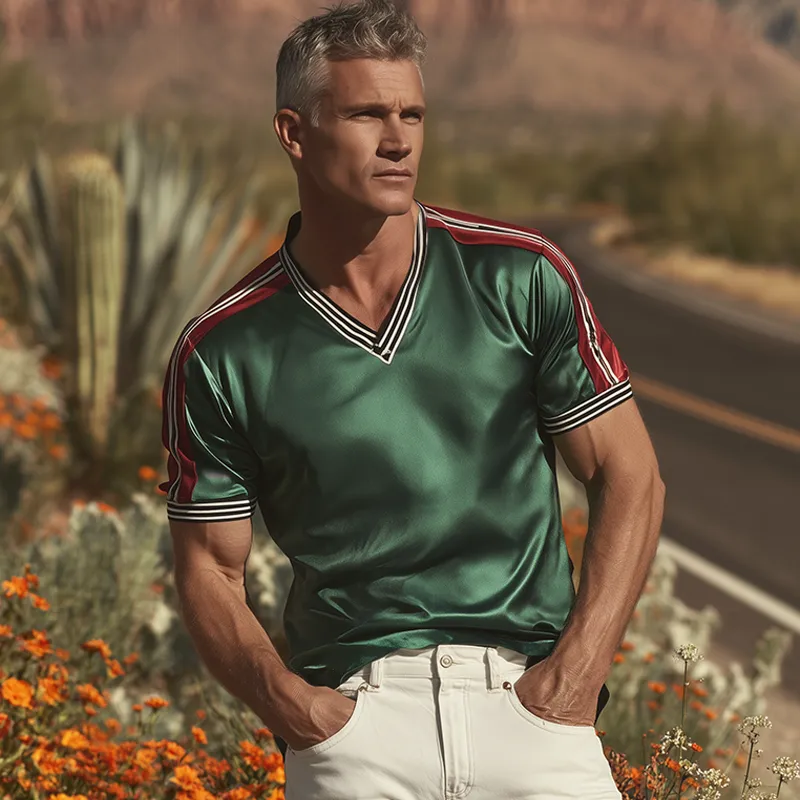 Men's Spring And Summer Fashion Casual Satin Contrast Color Splicing Ribbon V-neck Short Sleeve T-shirt MTA0746G7K sold by Manly product image thumbnail 3
