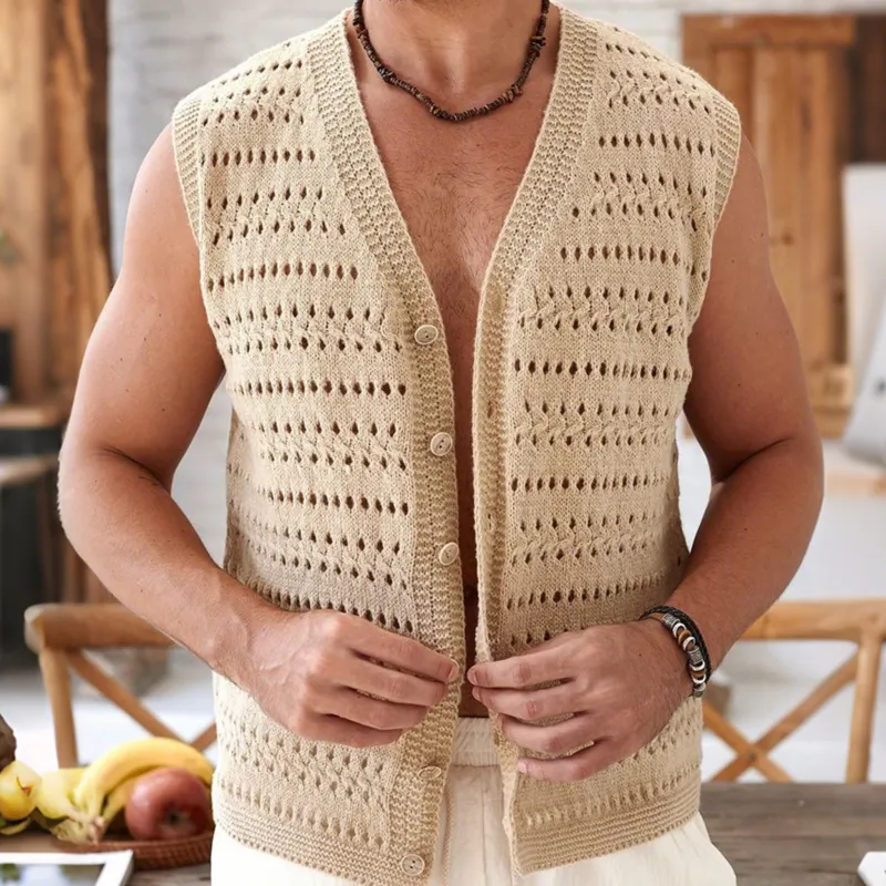 Men's Fashion Hollow Jacquard V-neck Single-breasted Slim Fit Knitted Vest MTA0475G8M sold by Manly product image thumbnail 3