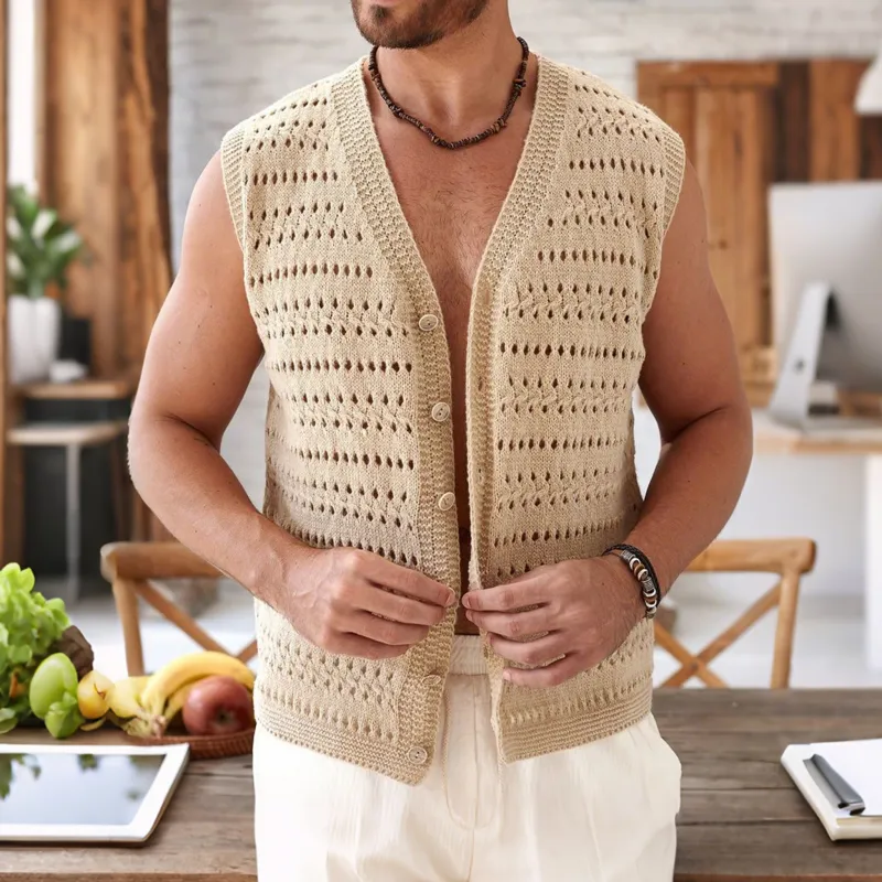 Men's Fashion Hollow Jacquard V-neck Single-breasted Slim Fit Knitted Vest MTA0475G8M sold by Manly product image thumbnail 2