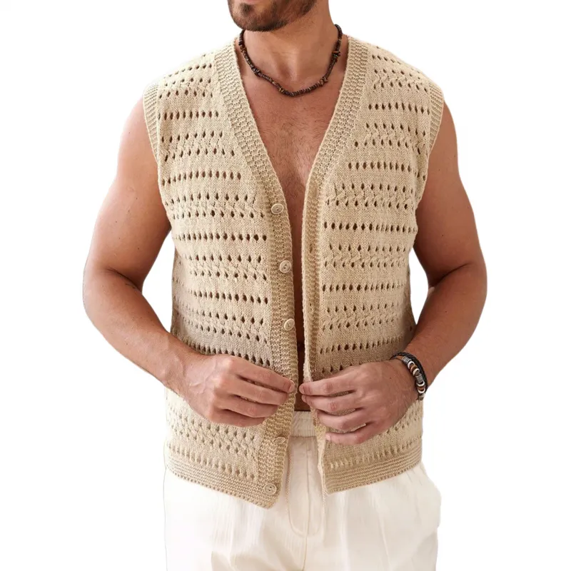 Men's Fashion Hollow Jacquard V-neck Single-breasted Slim Fit Knitted Vest MTA0475G8M sold by Manly
