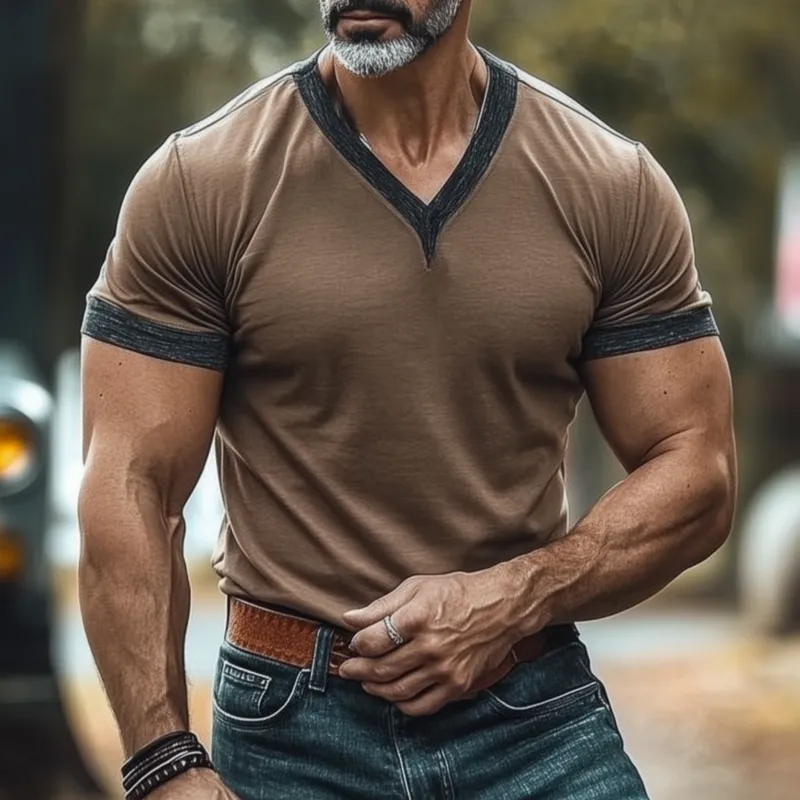 Men's Casual Breathable Cotton Colorblock Patchwork V-neck Slim Fit Short-sleeved T-shirt MTA0378G7M sold by Manly product image thumbnail 2