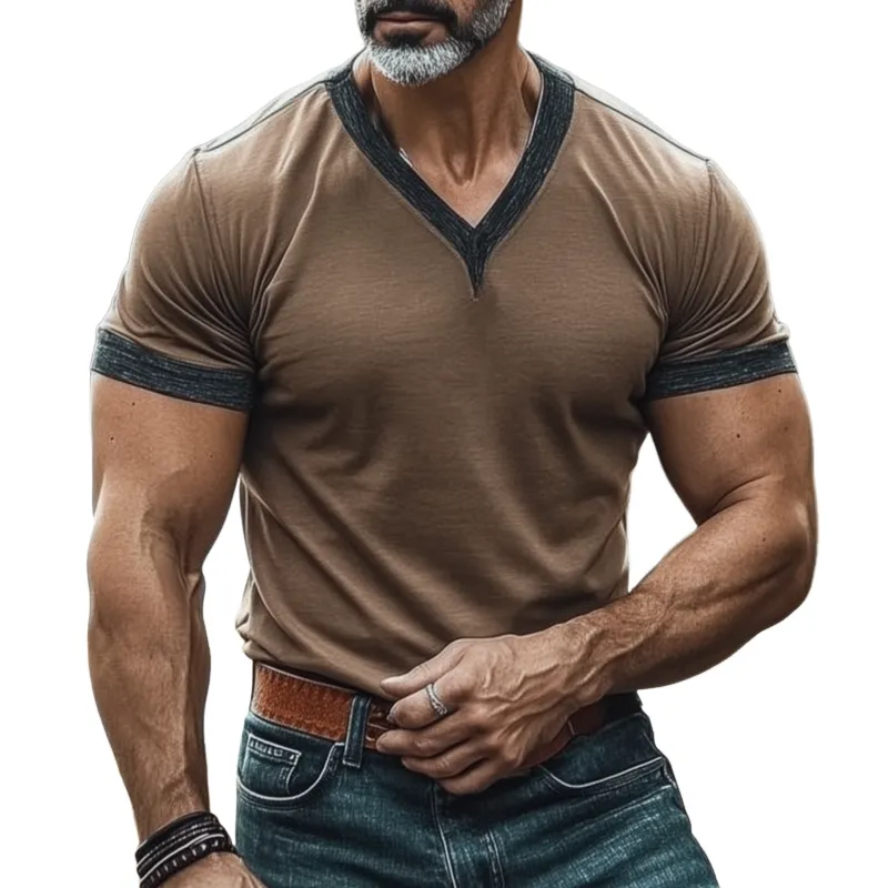 Men's Casual Breathable Cotton Colorblock Patchwork V-neck Slim Fit Short-sleeved T-shirt MTA0378G7M sold by Manly