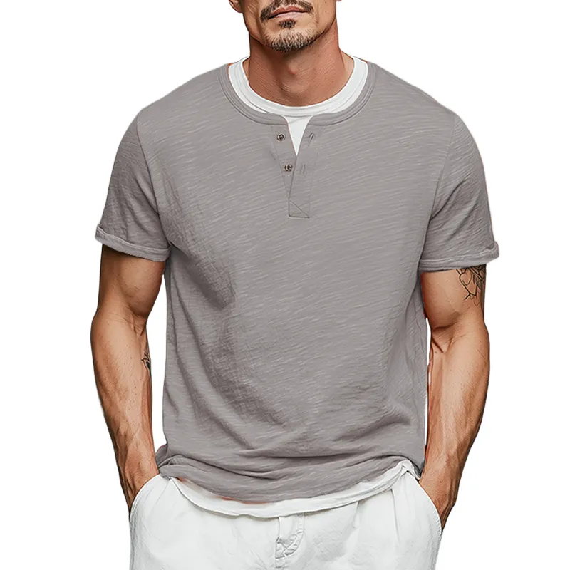 Men's Spring And Summer Fashion Casual Cotton Blended Henry Collar Fake Two-Piece Short Sleeve T-Shirt MTA0741G5K sold by Manly
