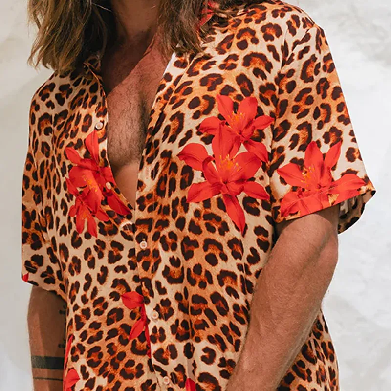 Men's Spring And Summer Fashion Casual Cotton Blended Printed Leopard Rose Sexy Short Sleeve Shirt MTA0734G4K sold by Manly product image thumbnail 5
