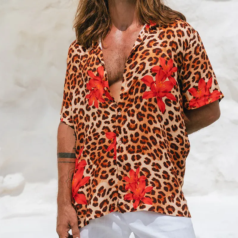 Men's Spring And Summer Fashion Casual Cotton Blended Printed Leopard Rose Sexy Short Sleeve Shirt MTA0734G4K sold by Manly product image thumbnail 2