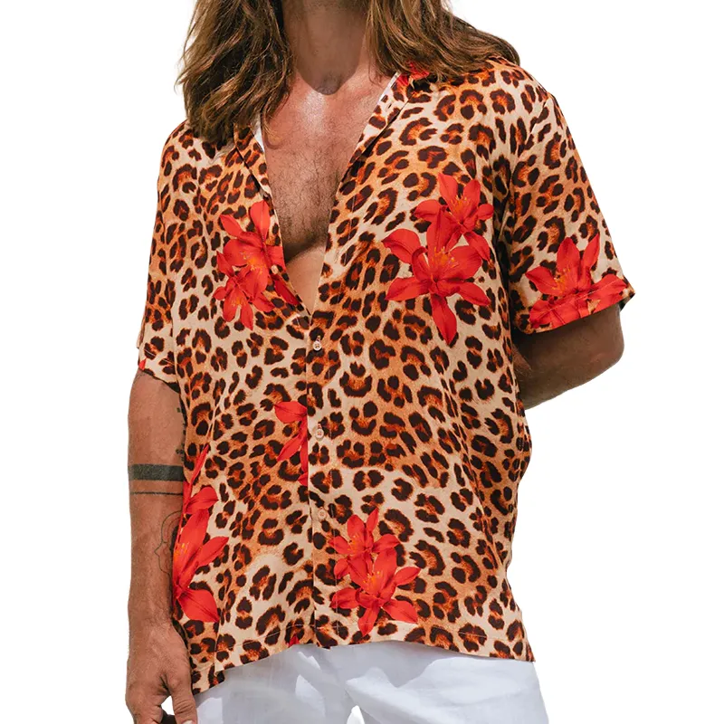 Men's Spring And Summer Fashion Casual Cotton Blended Printed Leopard Rose Sexy Short Sleeve Shirt MTA0734G4K sold by Manly