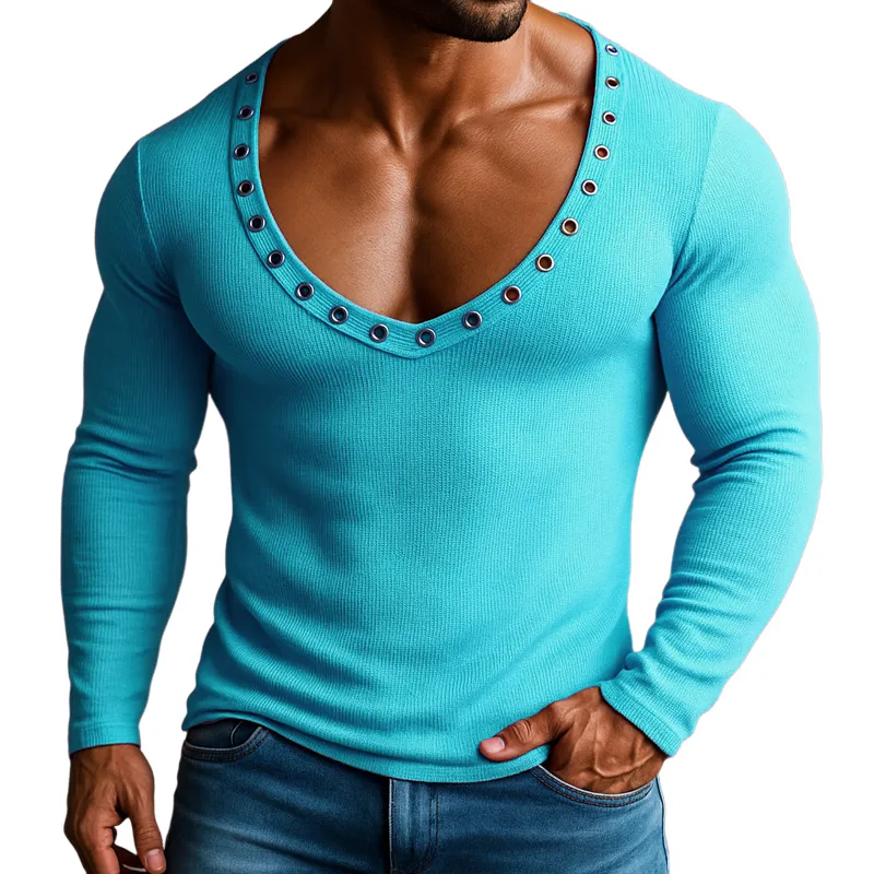Men's Metal Ring Decorated Solid Color V Neck Long Sleeve T-Shirt MTA0784G0Z sold by Manly