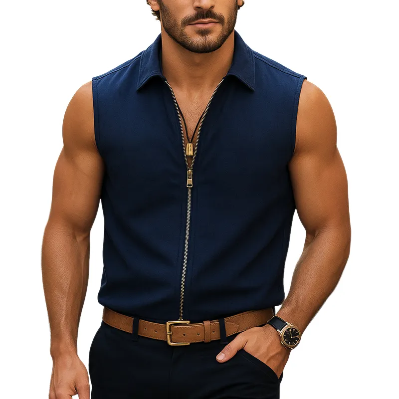 Men's Solid Lapel Sleeveless Zipper Tank Top MTA0715G5Z sold by Manly