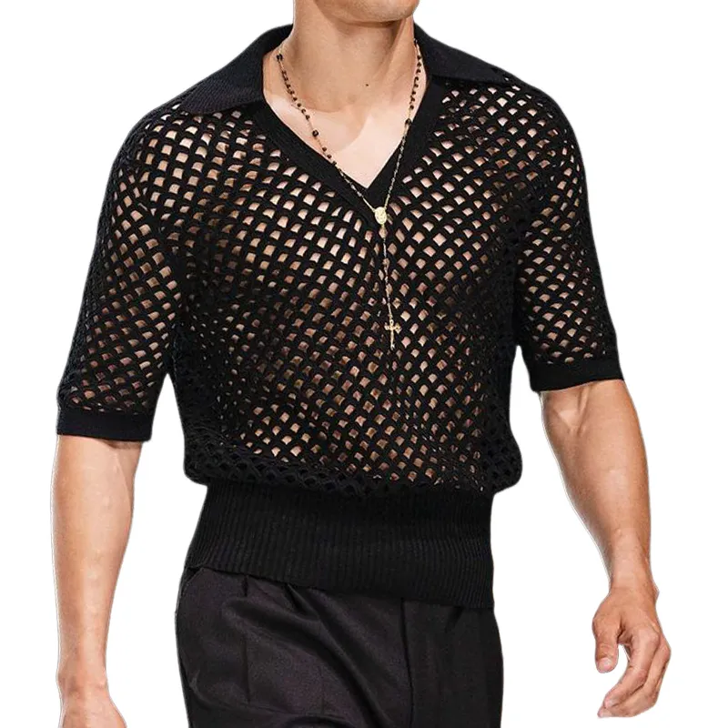 Men's Spring And Summer Fashion Hollow Sexy Knitted Short-sleeved Polo Shirt MTA0544G0K sold by Manly