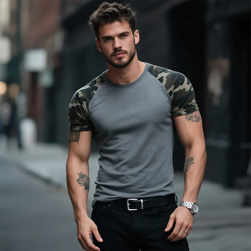 Men's Cotton Retro Camouflage Stitching Round Neck Short Sleeve T-Shirt MTA0704G2TO sold by Manly product image thumbnail 3