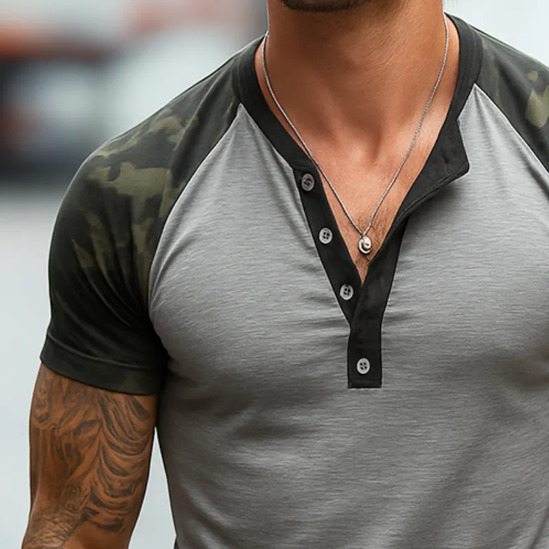 Men's Cotton Vintage Camouflage Henley Short Sleeve T-Shirt MTA0798G7TO sold by Manly product image thumbnail 3