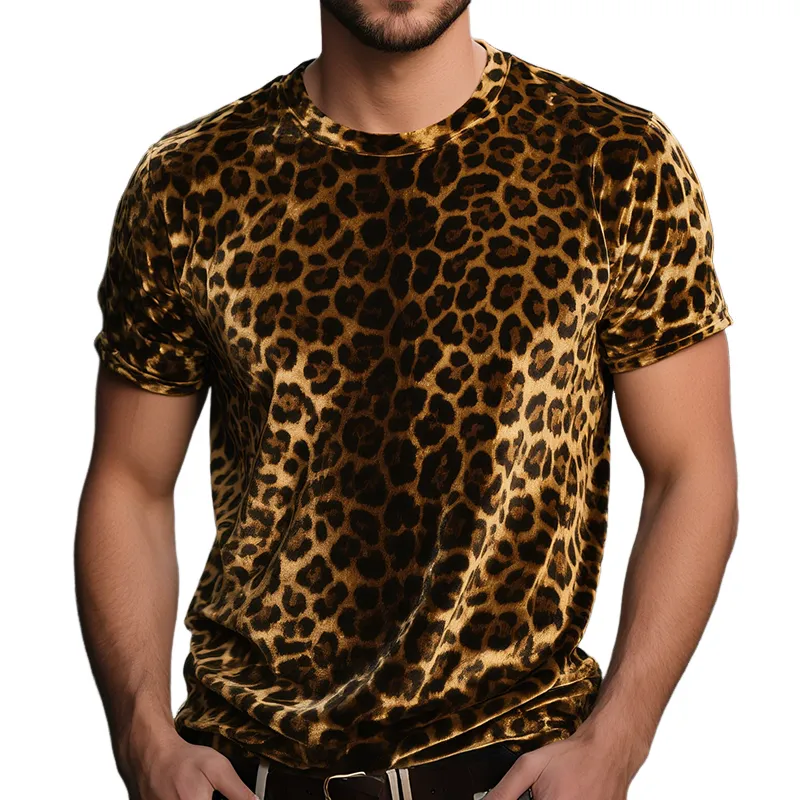 Men's Velour Retro Casual Leopard Print Round Neck Short Sleeve T-Shirt MTA0785G8TO sold by Manly