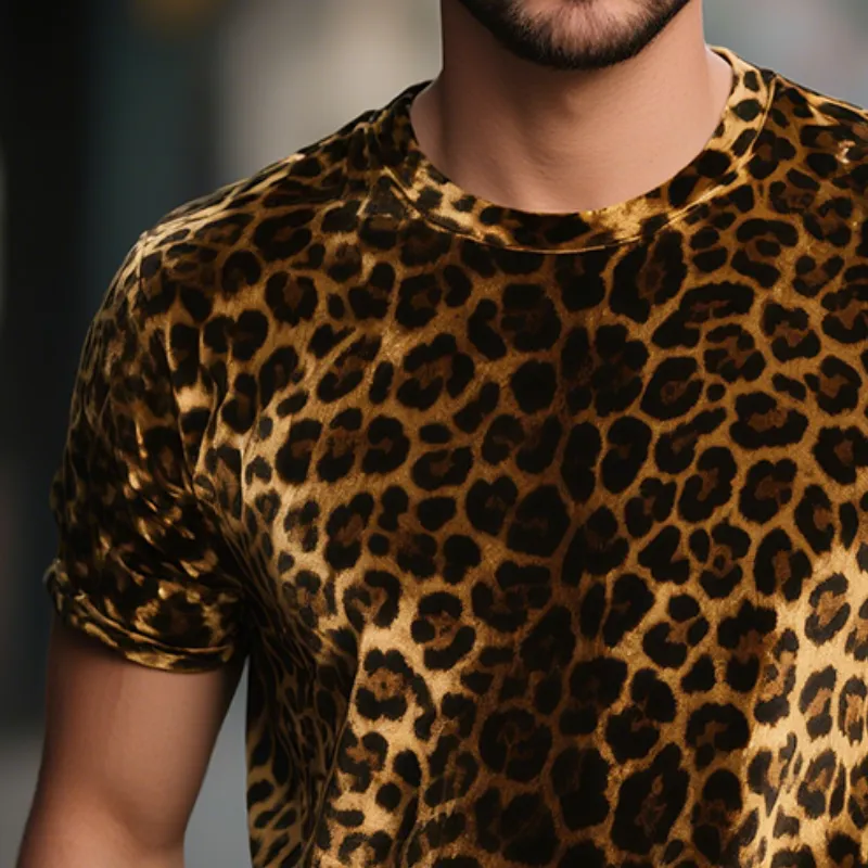 Men's Velour Retro Casual Leopard Print Round Neck Short Sleeve T-Shirt MTA0785G8TO sold by Manly product image thumbnail 3