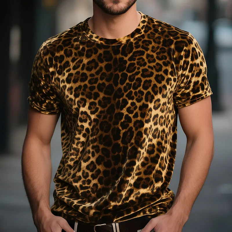 Men's Velour Retro Casual Leopard Print Round Neck Short Sleeve T-Shirt MTA0785G8TO sold by Manly product image thumbnail 2
