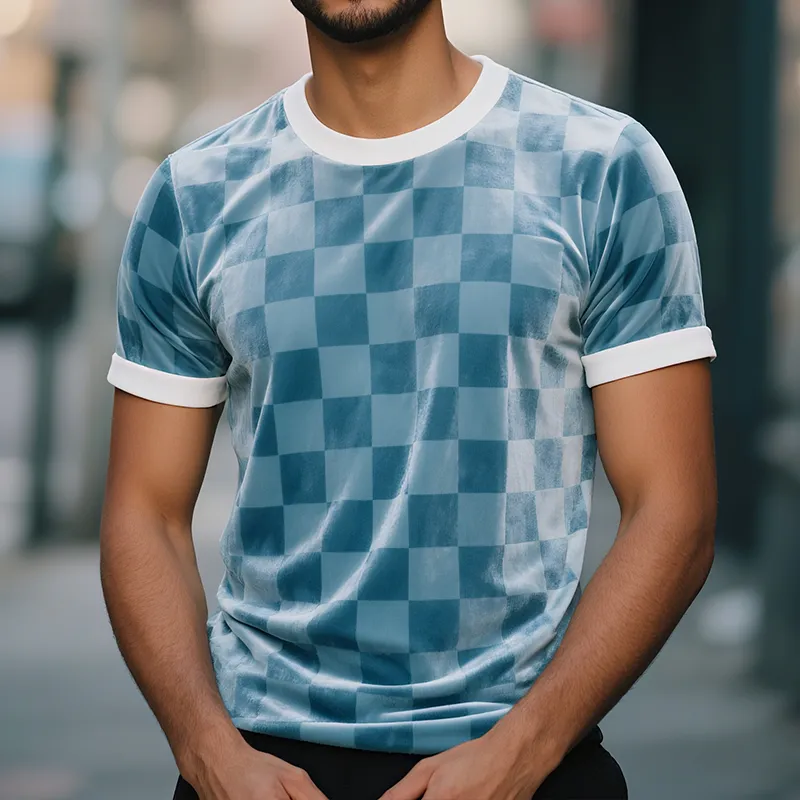 Men's Velour Retro Casual Checkerboard Printed Round Neck Short Sleeve T-Shirt MTA0799G9TO sold by Manly product image thumbnail 2