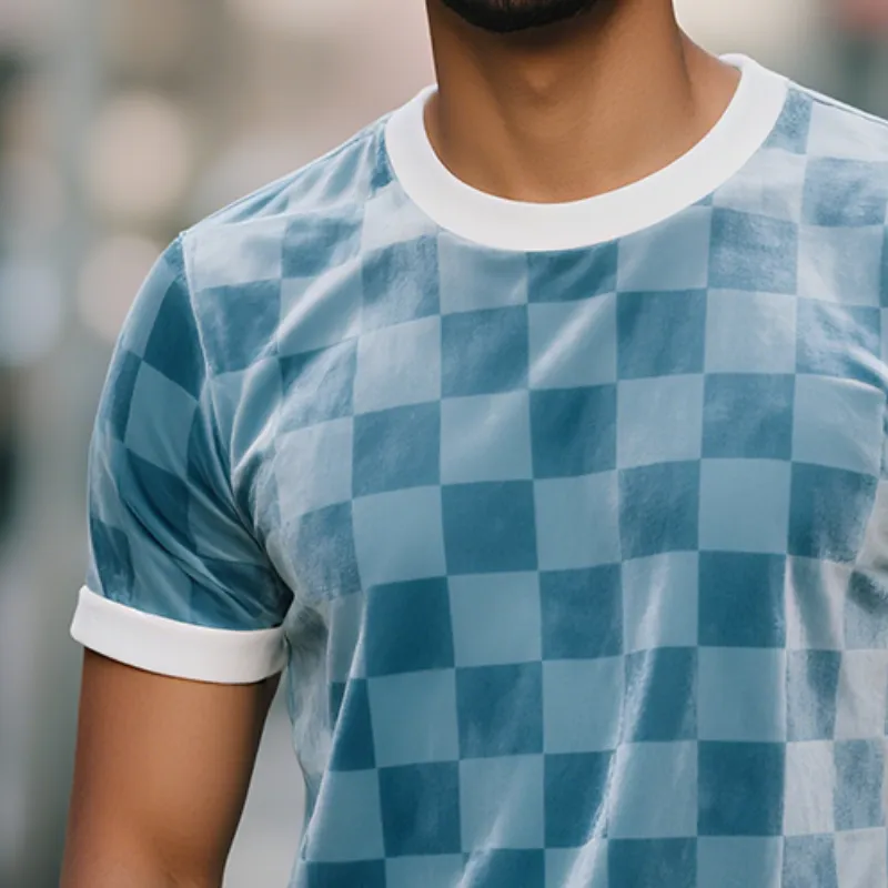 Men's Velour Retro Casual Checkerboard Printed Round Neck Short Sleeve T-Shirt MTA0799G9TO sold by Manly product image thumbnail 3