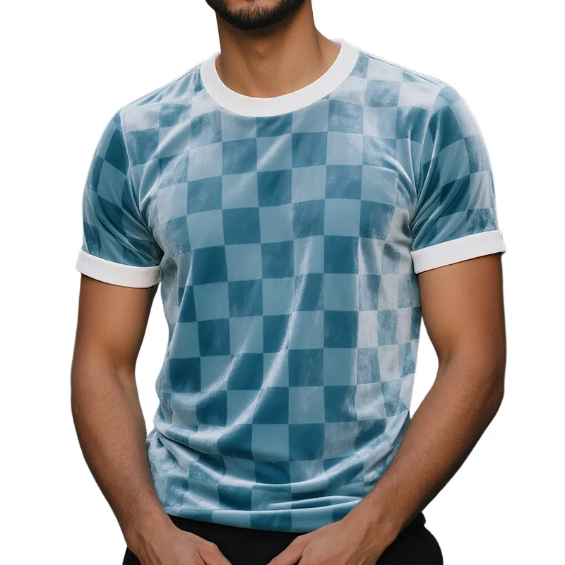 Men's Velour Retro Casual Checkerboard Printed Round Neck Short Sleeve T-Shirt MTA0799G9TO sold by Manly