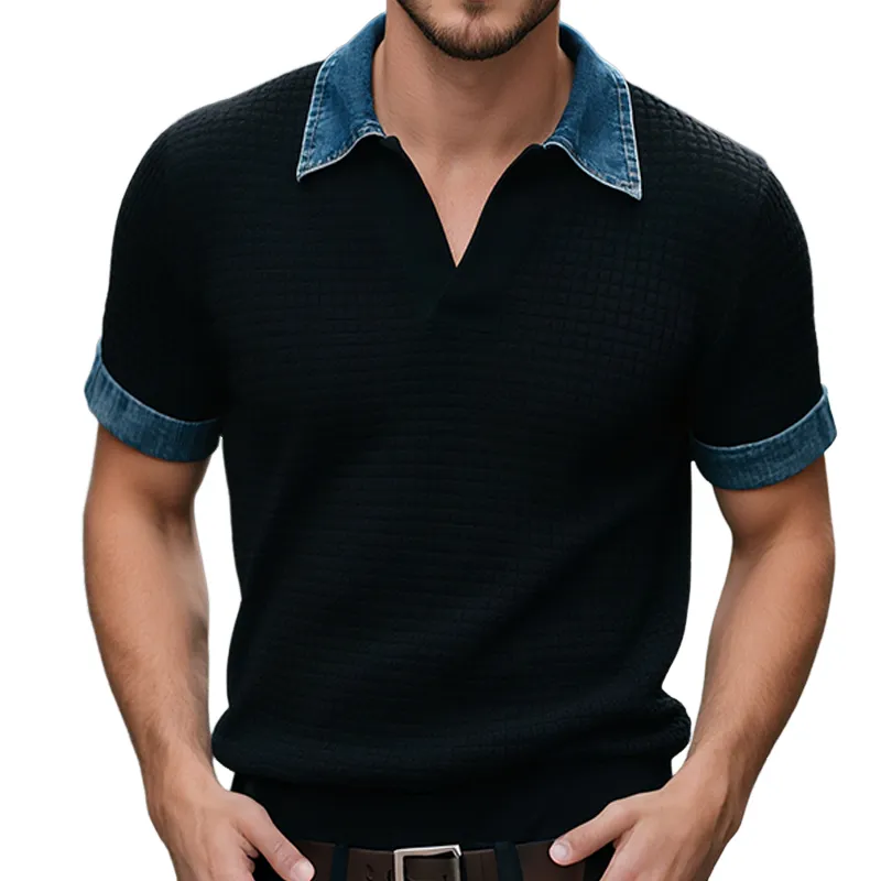 Men's Retro Casual Waffle Stitching Denim Lapel Short Sleeve T-Shirt MTA0729G1TO sold by Manly