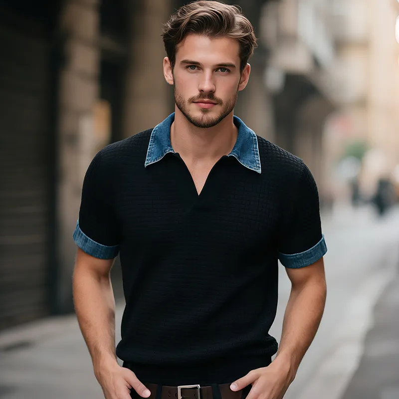 Men's Retro Casual Waffle Stitching Denim Lapel Short Sleeve T-Shirt MTA0729G1TO sold by Manly product image thumbnail 3