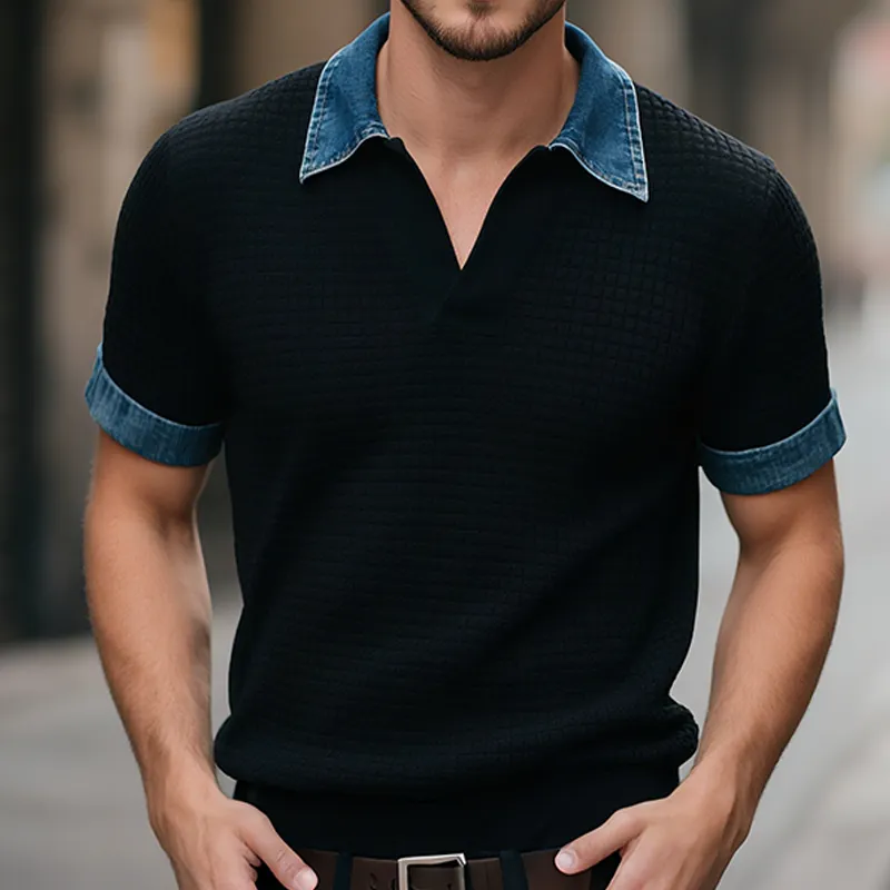 Men's Retro Casual Waffle Stitching Denim Lapel Short Sleeve T-Shirt MTA0729G1TO sold by Manly product image thumbnail 2