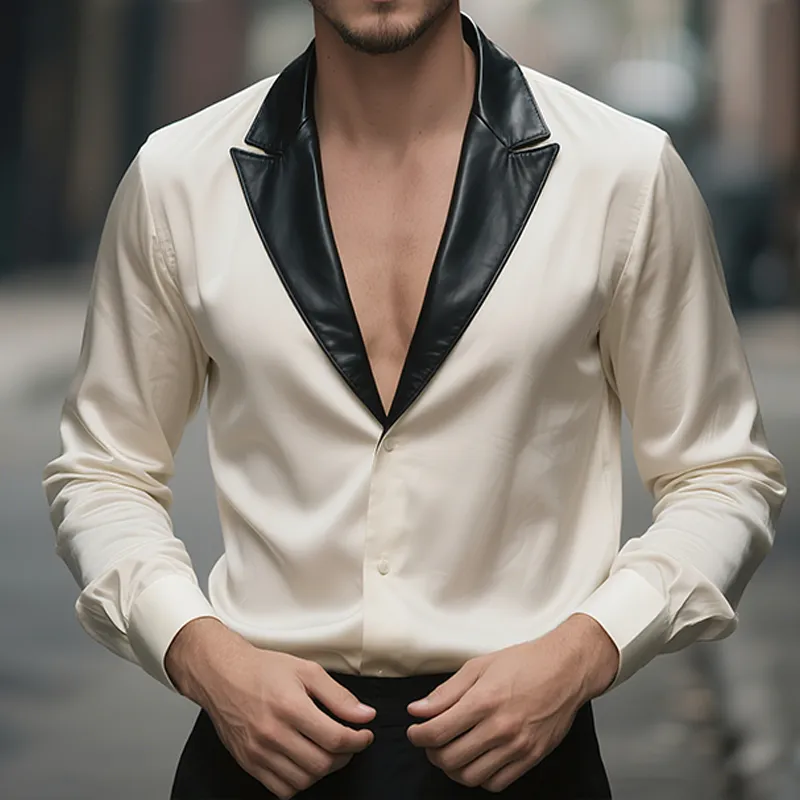 Men's Satin Casual Vintage Stitching Leather Lapel Long Sleeve Shirt MTA0731G2TO sold by Manly product image thumbnail 2