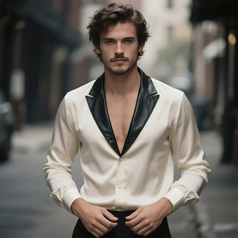 Men's Satin Casual Vintage Stitching Leather Lapel Long Sleeve Shirt MTA0731G2TO sold by Manly product image thumbnail 3