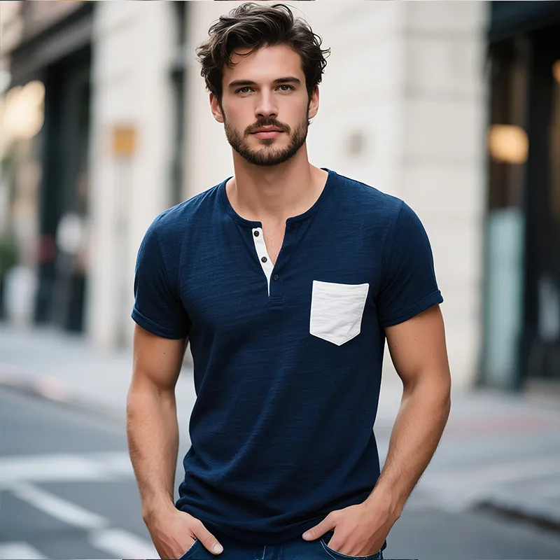 Men's Cotton Vintage Casual Colorblock Pocket Henley Short Sleeve T-Shirt MTA0764G1TO sold by Manly product image thumbnail 3