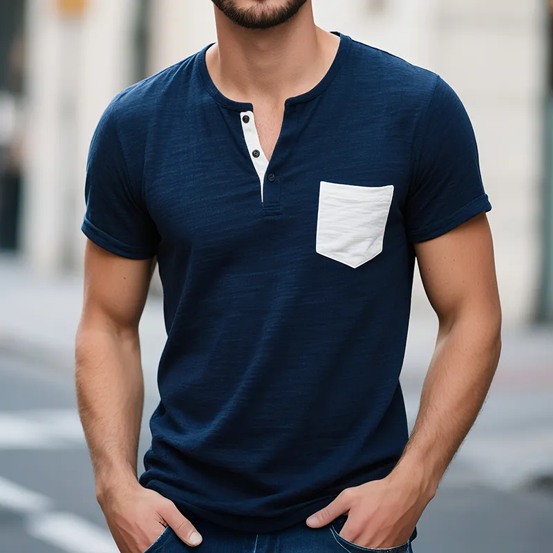 Men's Cotton Vintage Casual Colorblock Pocket Henley Short Sleeve T-Shirt MTA0764G1TO sold by Manly product image thumbnail 2