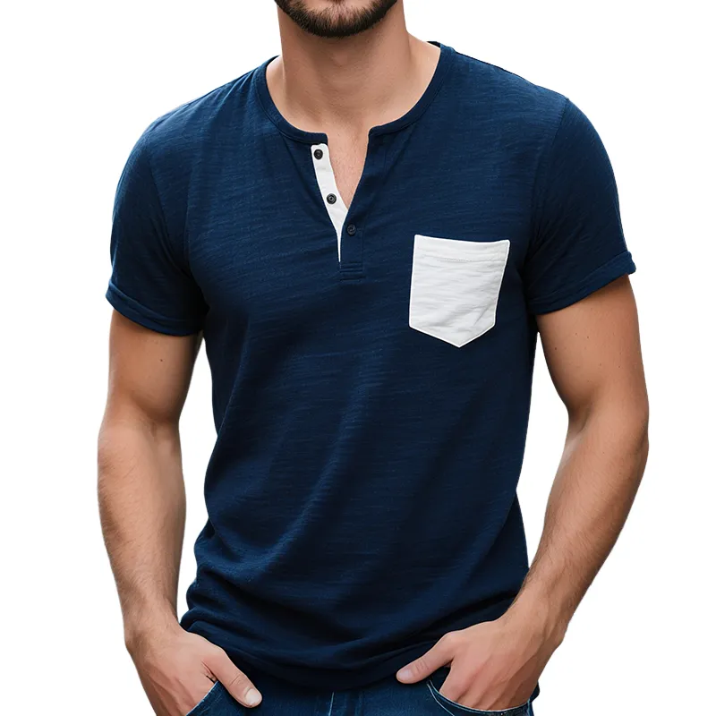 Men's Cotton Vintage Casual Colorblock Pocket Henley Short Sleeve T-Shirt MTA0764G1TO sold by Manly