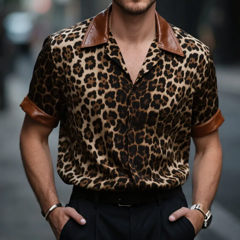 Men's Retro Casual Leopard Print Leather Lapel Short Sleeve Shirt MTA0726G4TO sold by Manly product image thumbnail 2