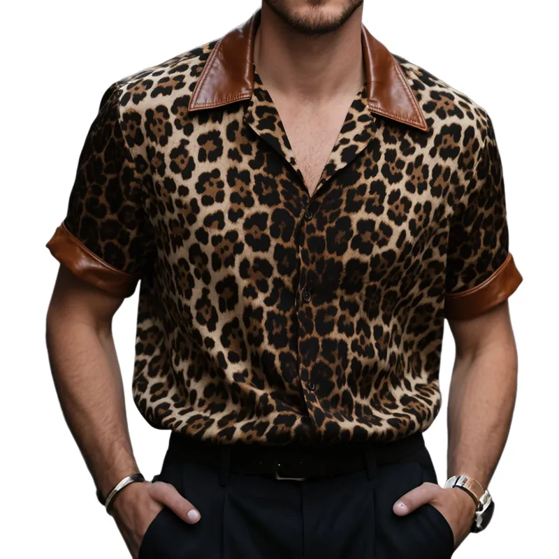Men's Retro Casual Leopard Print Leather Lapel Short Sleeve Shirt MTA0726G4TO sold by Manly