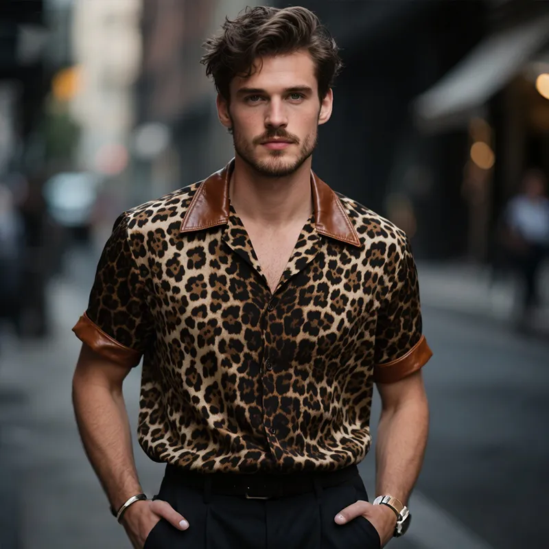 Men's Retro Casual Leopard Print Leather Lapel Short Sleeve Shirt MTA0726G4TO sold by Manly product image thumbnail 3