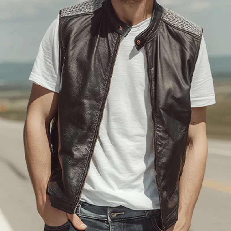 Men's Spring And Summer Fashion Casual Shoulder Splicing Mesh Fabric Stand Collar Zipper Leather Vest MTA0309G5K sold by Manly product image thumbnail 4