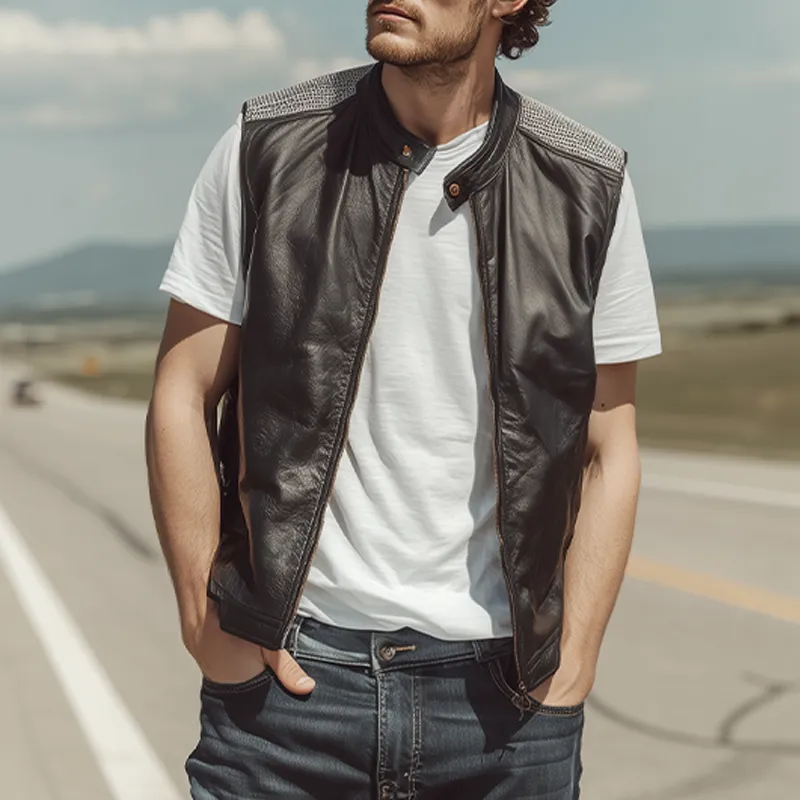 Men's Spring And Summer Fashion Casual Shoulder Splicing Mesh Fabric Stand Collar Zipper Leather Vest MTA0309G5K sold by Manly product image thumbnail 2