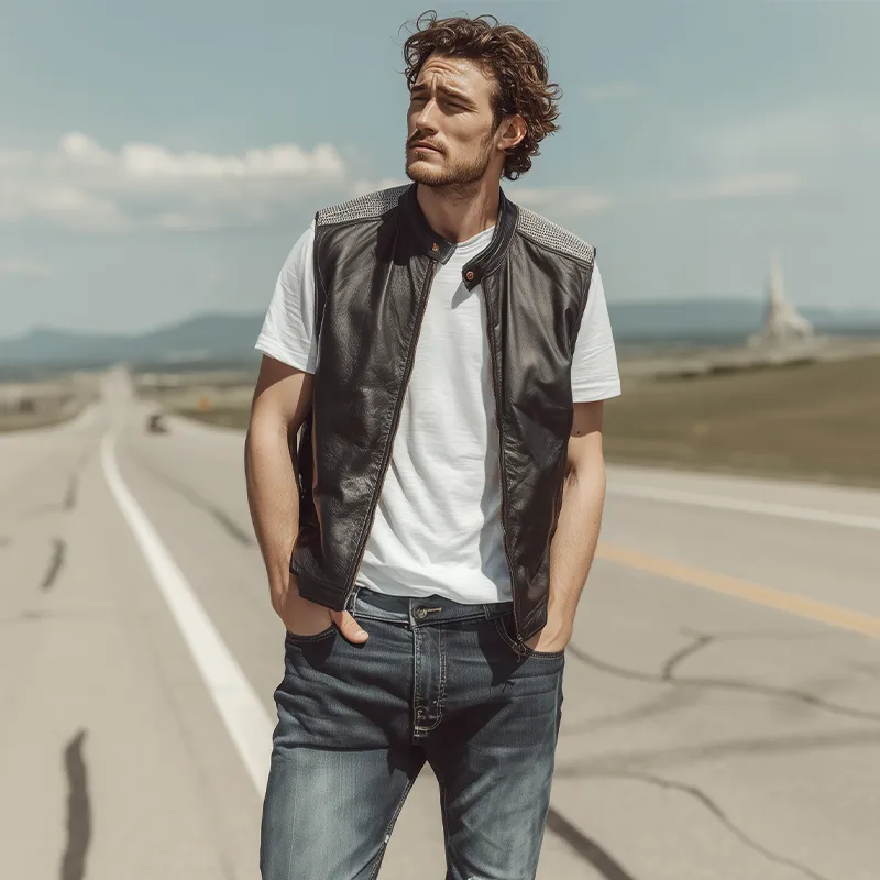 Men's Spring And Summer Fashion Casual Shoulder Splicing Mesh Fabric Stand Collar Zipper Leather Vest MTA0309G5K sold by Manly product image thumbnail 3